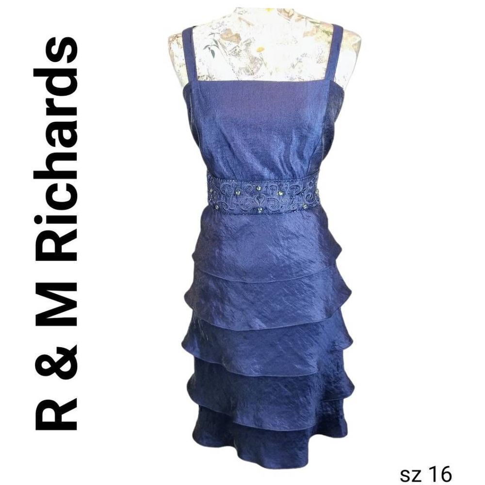 R & M Richards Navy Blue Tiered Midi Dress with Embellished Waist